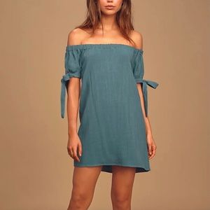 Lulus Al Fresco Evenings sage off shoulder dress